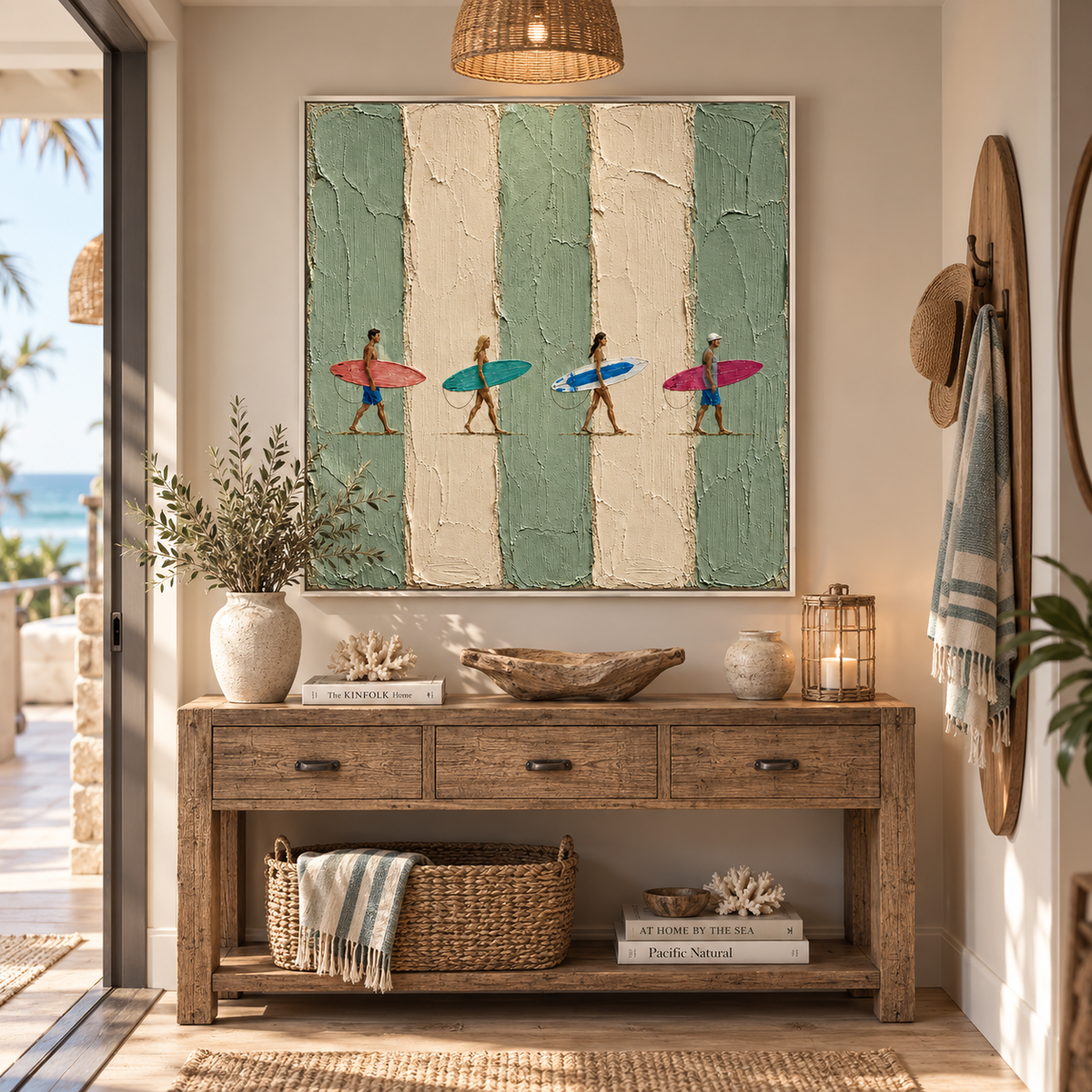 "Endless Summer Drift" – Coastal Surfers Sage Green Striped Impasto Oil Painting