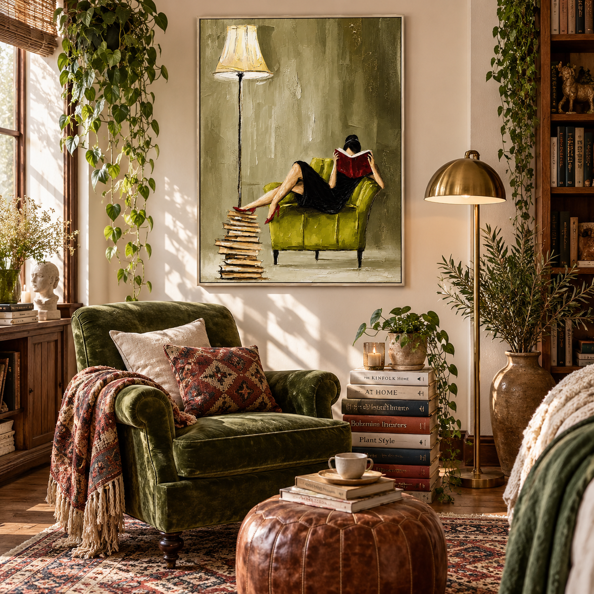 "Midnight Page" – Modern Reader Olive Green Armchair Impasto Oil Painting