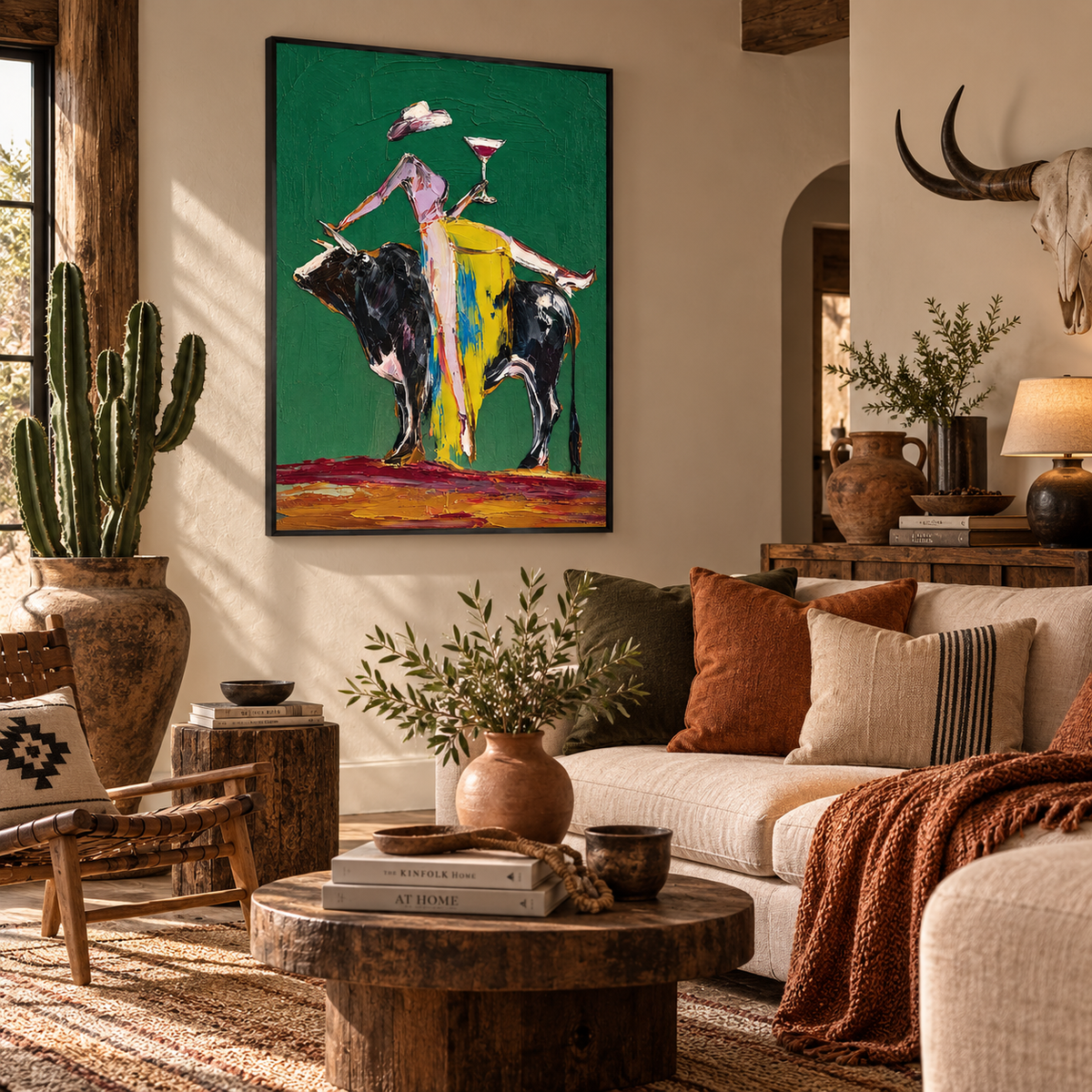"Rodeo Euphoria" – Emerald Green Glamour Cowgirl Bull Impasto Oil Painting