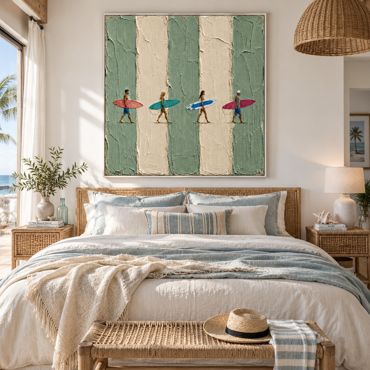 "Endless Summer Drift" – Coastal Surfers Sage Green Striped Impasto Oil Painting