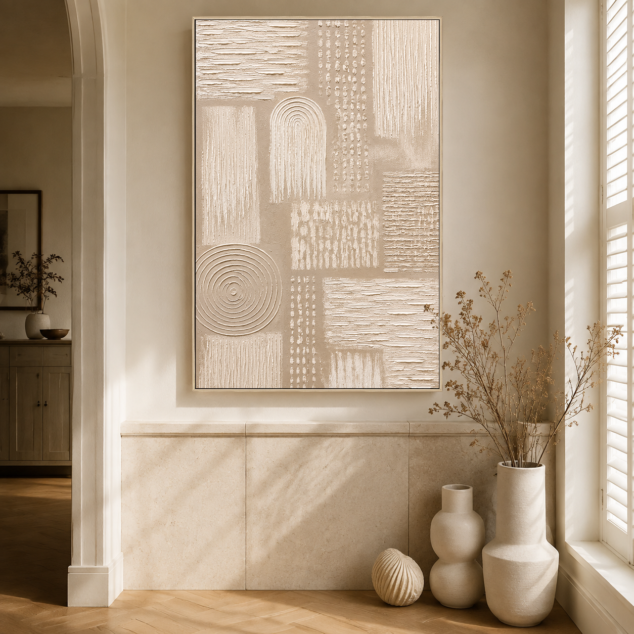 "Whispers of Lines" - Wabi-sabi Beige Relief Textured Acrylic Painting