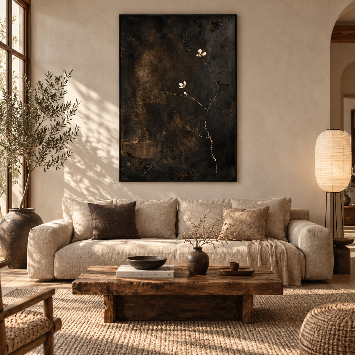 "Midnight Blossom" – Wabi-Sabi Minimalist Dark Floral Impasto Oil Painting