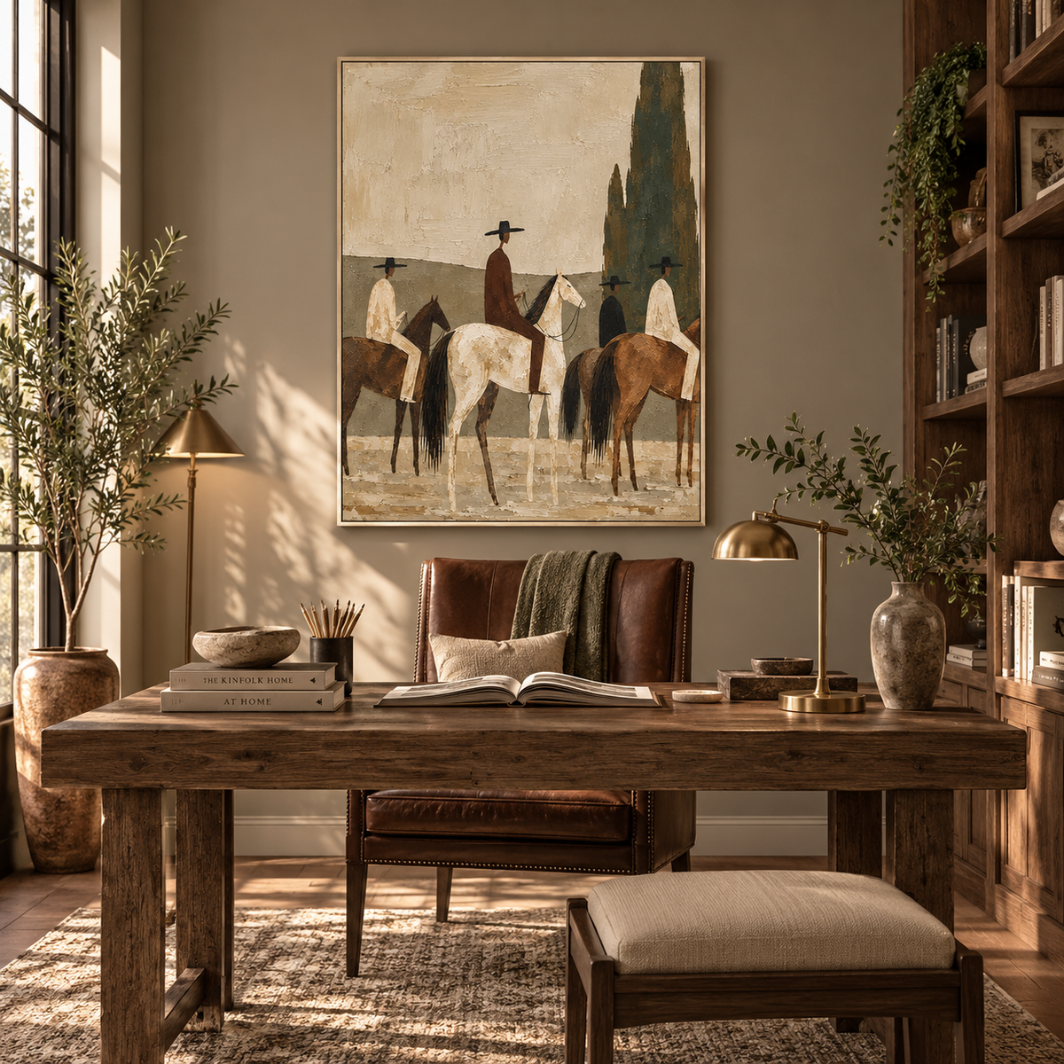 "Silent Pilgrimage" – Earth Tone Minimalist Horsemen Impasto Oil Painting