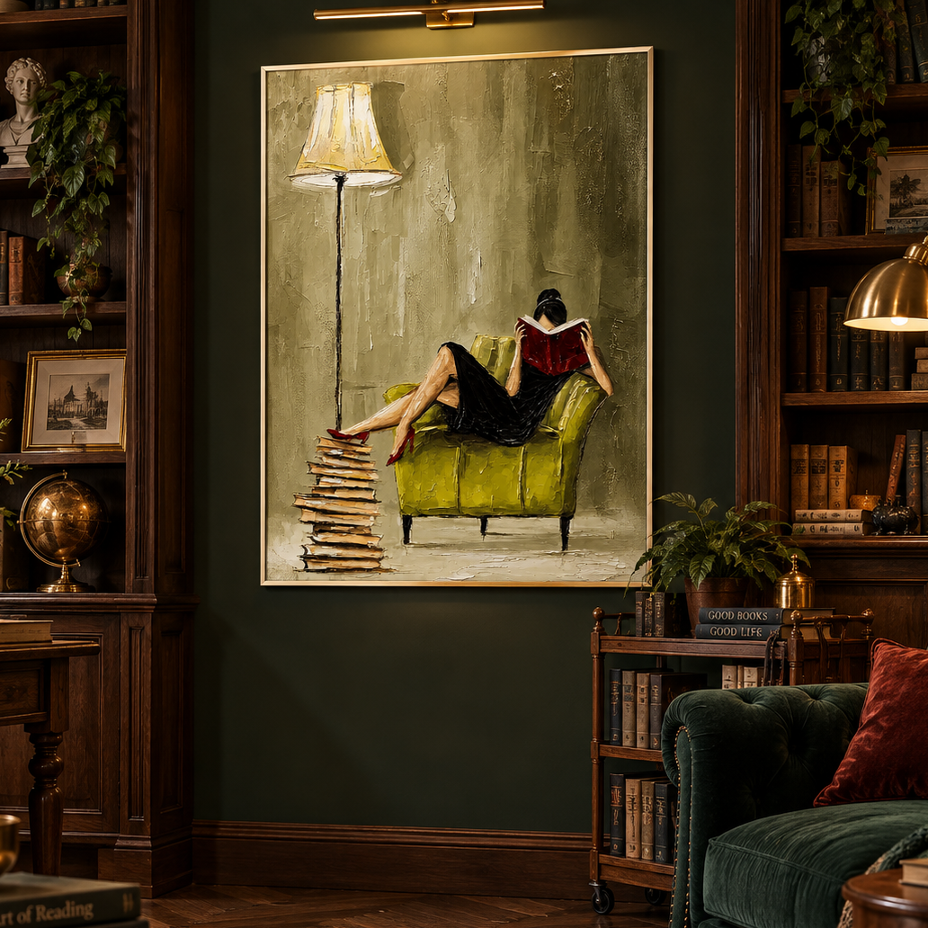 "Midnight Page" – Modern Reader Olive Green Armchair Impasto Oil Painting