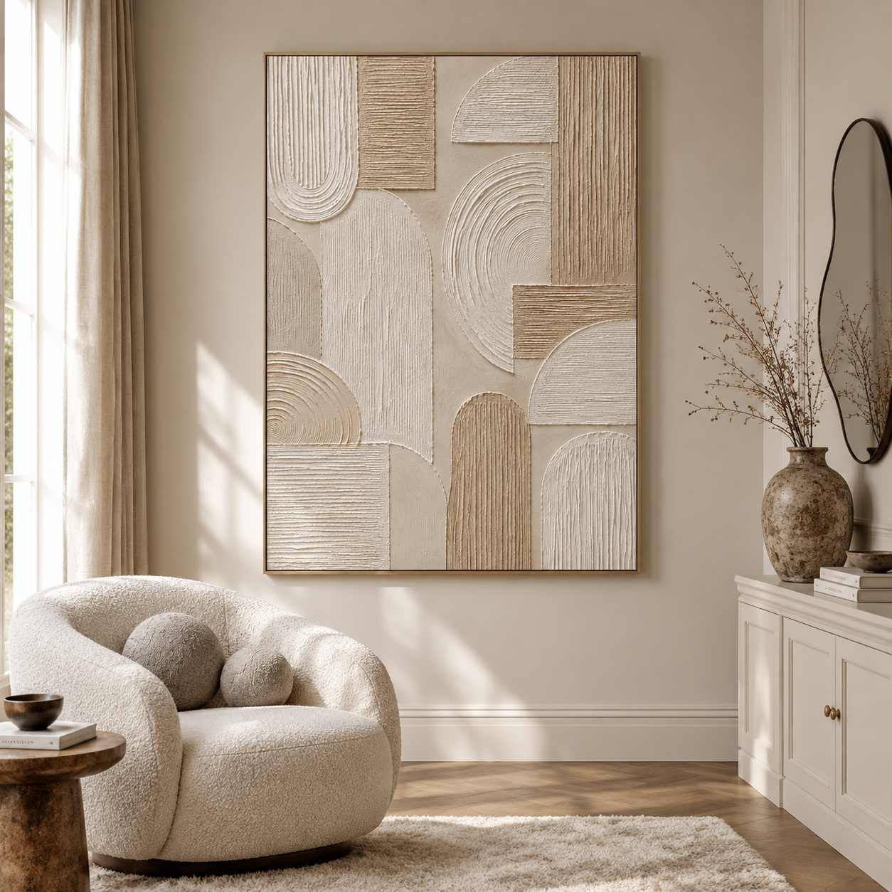 "Sacred Geometry" – Wabi-Sabi Neutral Beige Relief Textured Acrylic Painting