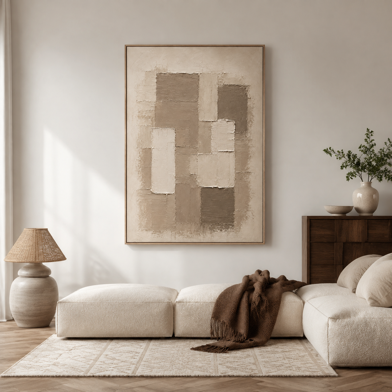 "Tranquil Horizon" – Wabi-Sabi Taupe Earth Tone Impasto Acrylic Painting