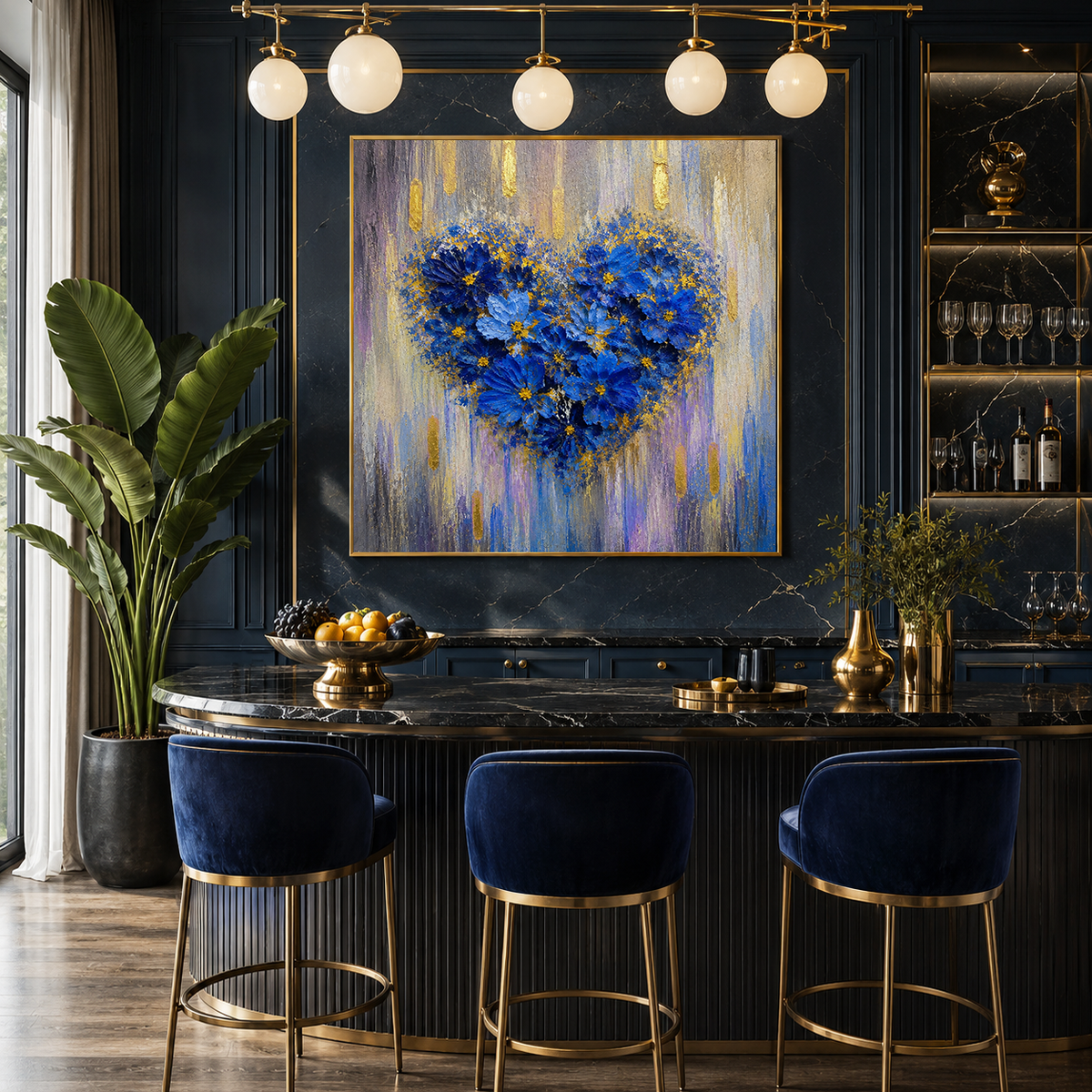 "Azure Affection" – Romantic Blue Floral Heart Impasto with Gold Foi