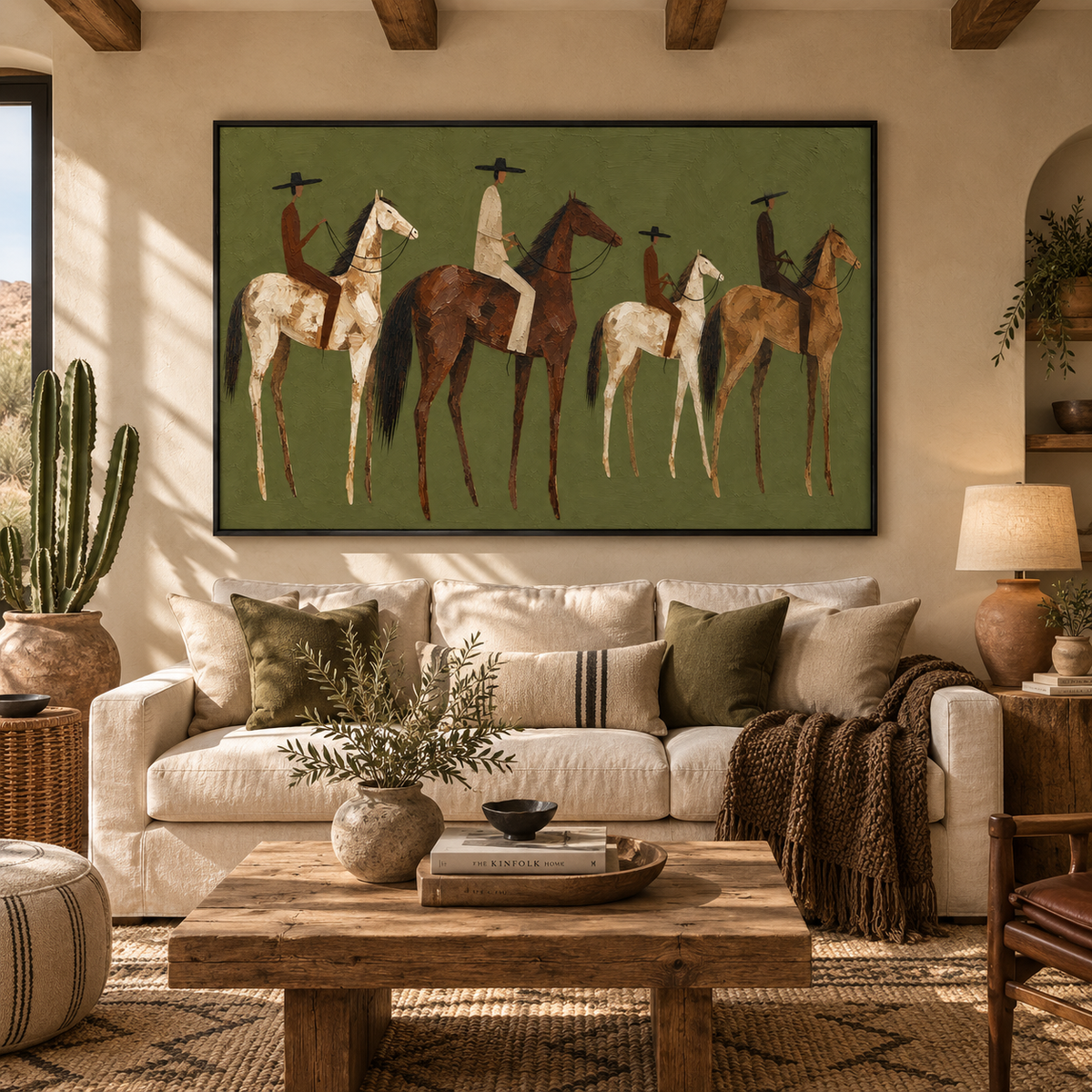 "Horizon Riders" – Olive Green Western Horsemen Impasto Oil Painting