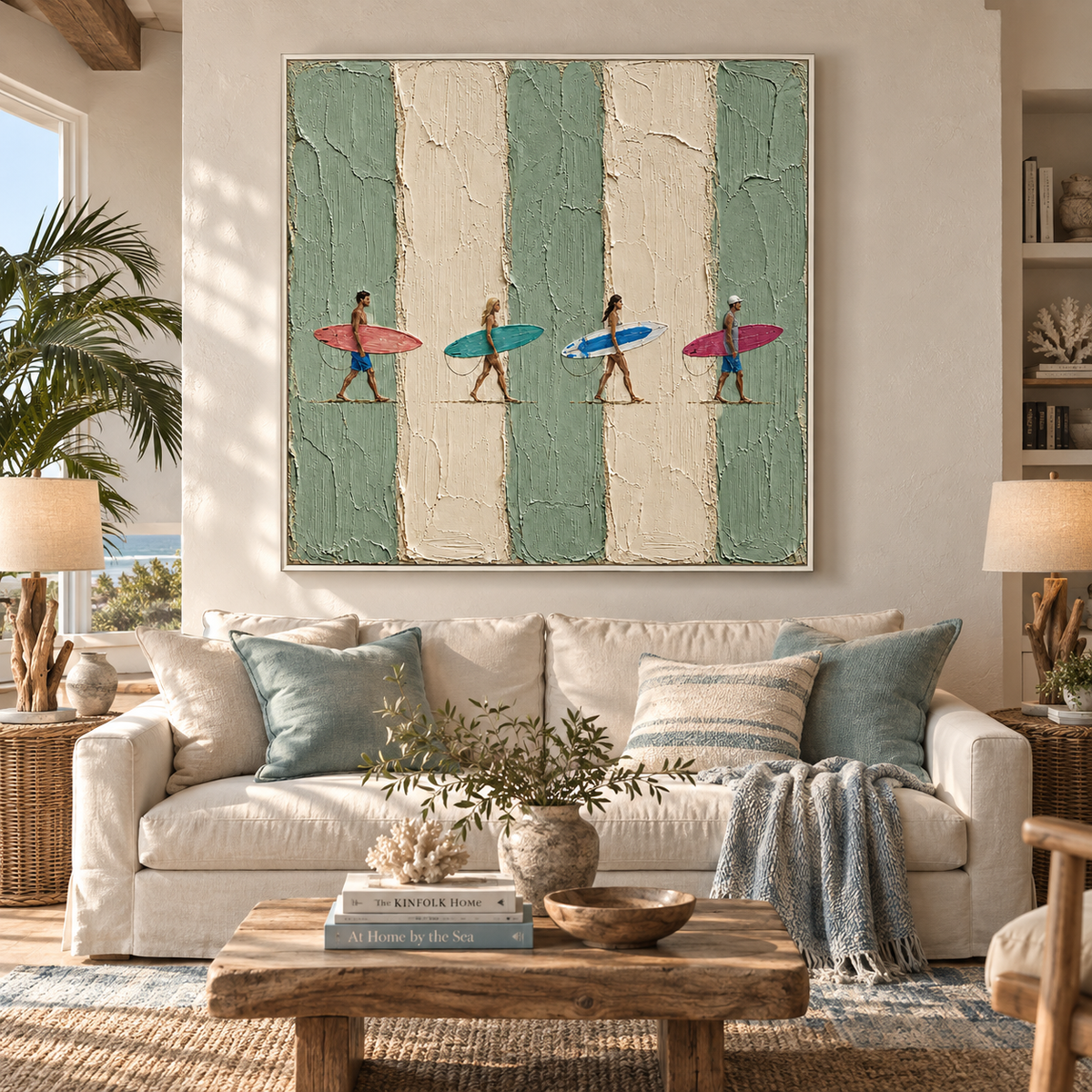 "Endless Summer Drift" – Coastal Surfers Sage Green Striped Impasto Oil Painting