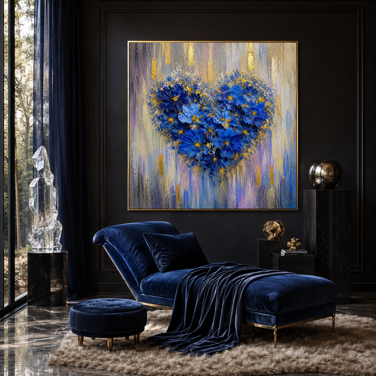 "Azure Affection" – Romantic Blue Floral Heart Impasto with Gold Foi