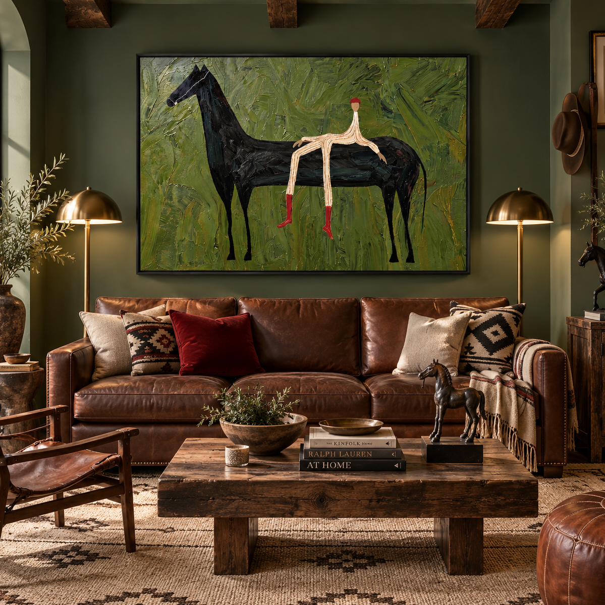 "Pastoral Reverie" – Olive Green Minimalist Black Horse Impasto Oil Painting