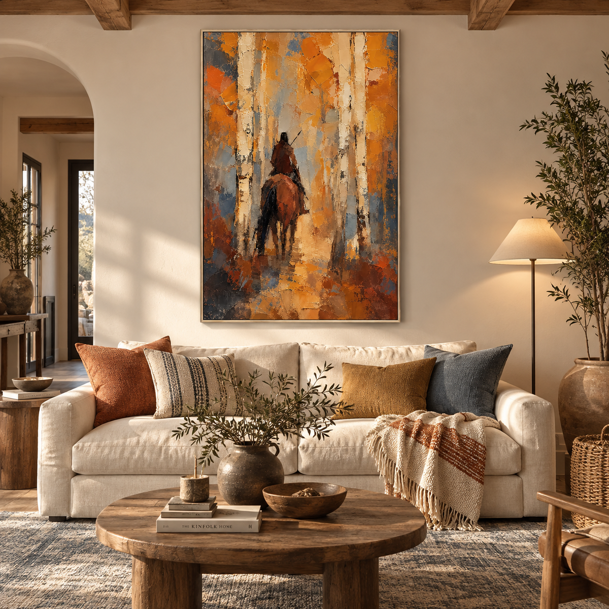 "Golden Birch Passage" – Autumn Aspen Forest Rider Impasto Oil Painting