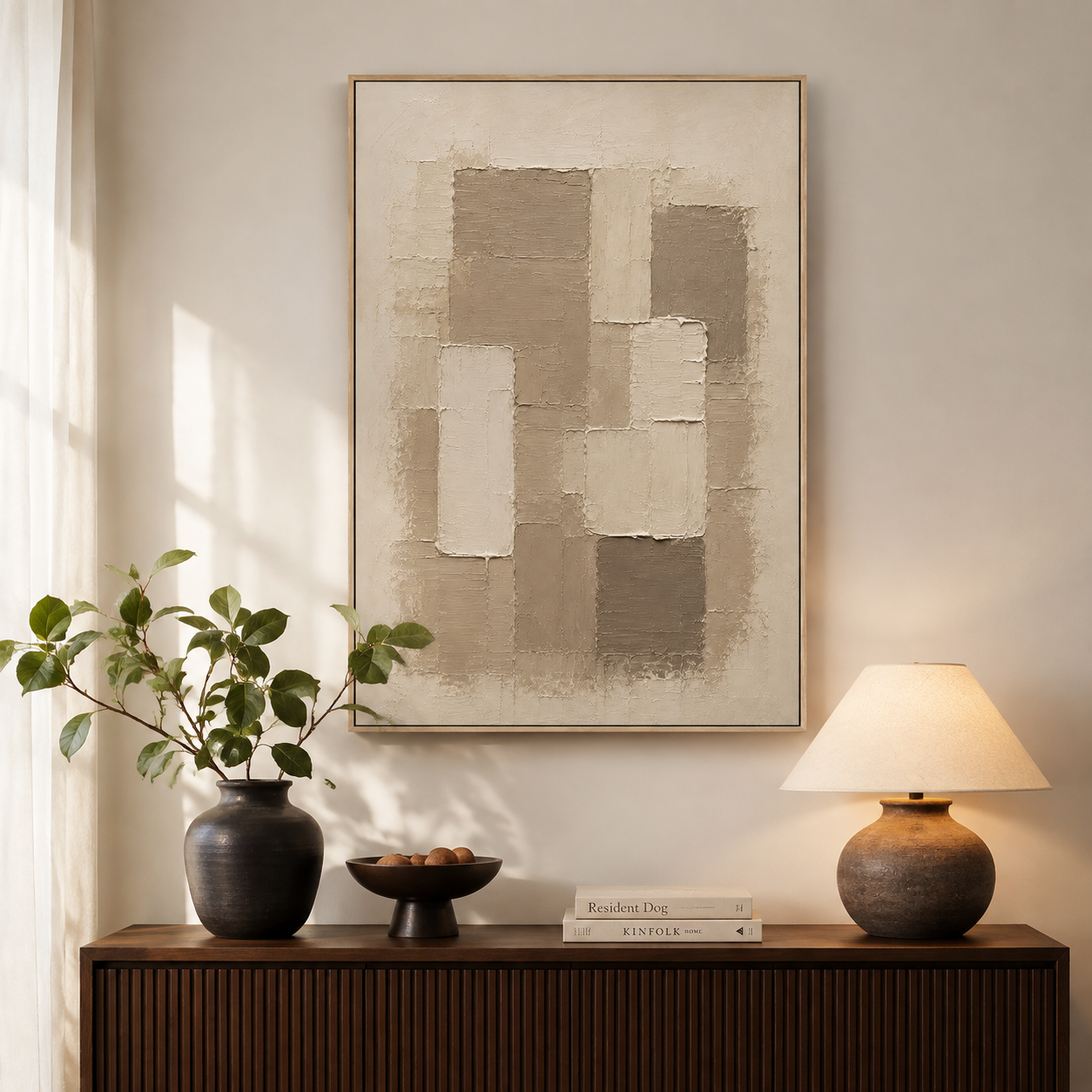 "Tranquil Horizon" – Wabi-Sabi Taupe Earth Tone Impasto Acrylic Painting