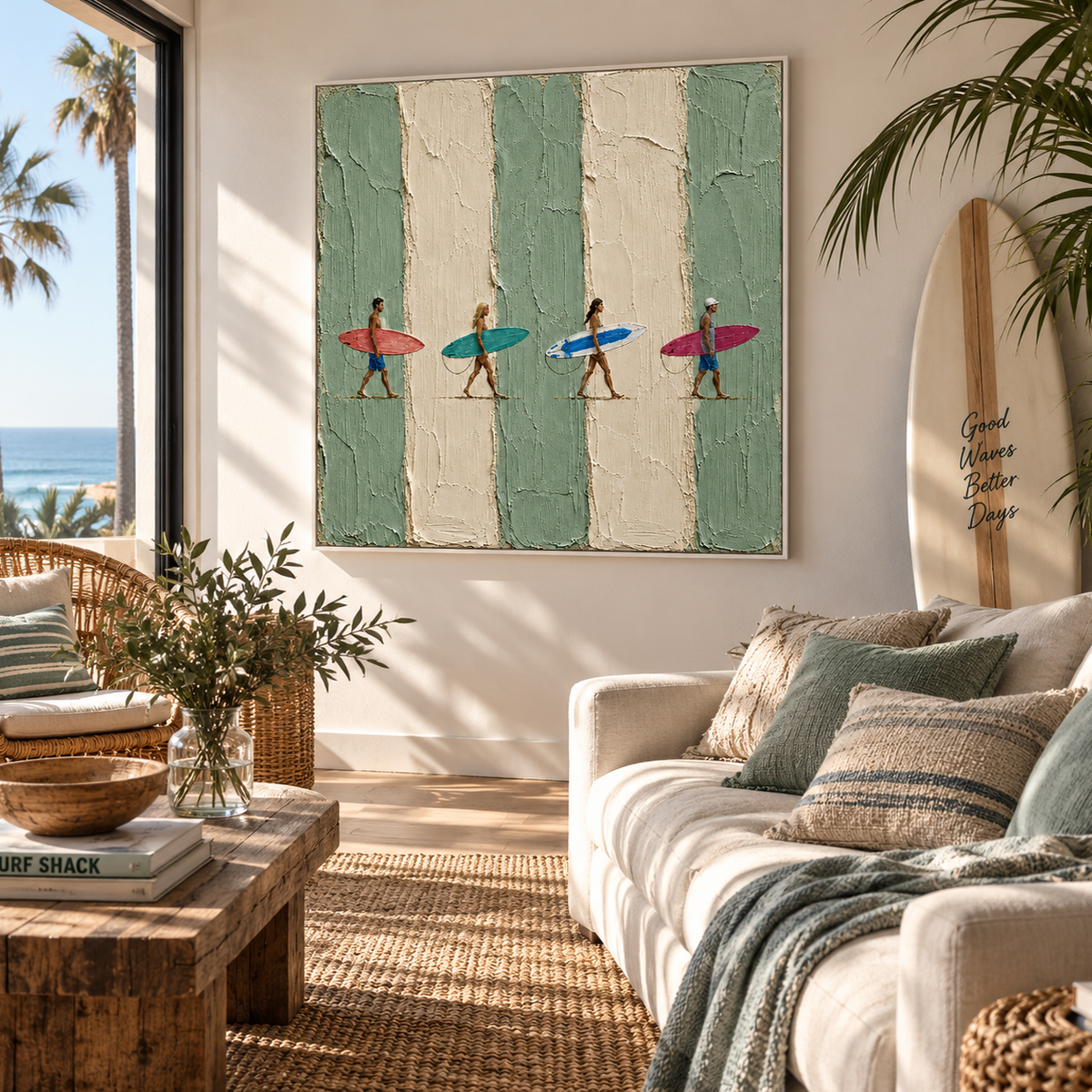 "Endless Summer Drift" – Coastal Surfers Sage Green Striped Impasto Oil Painting