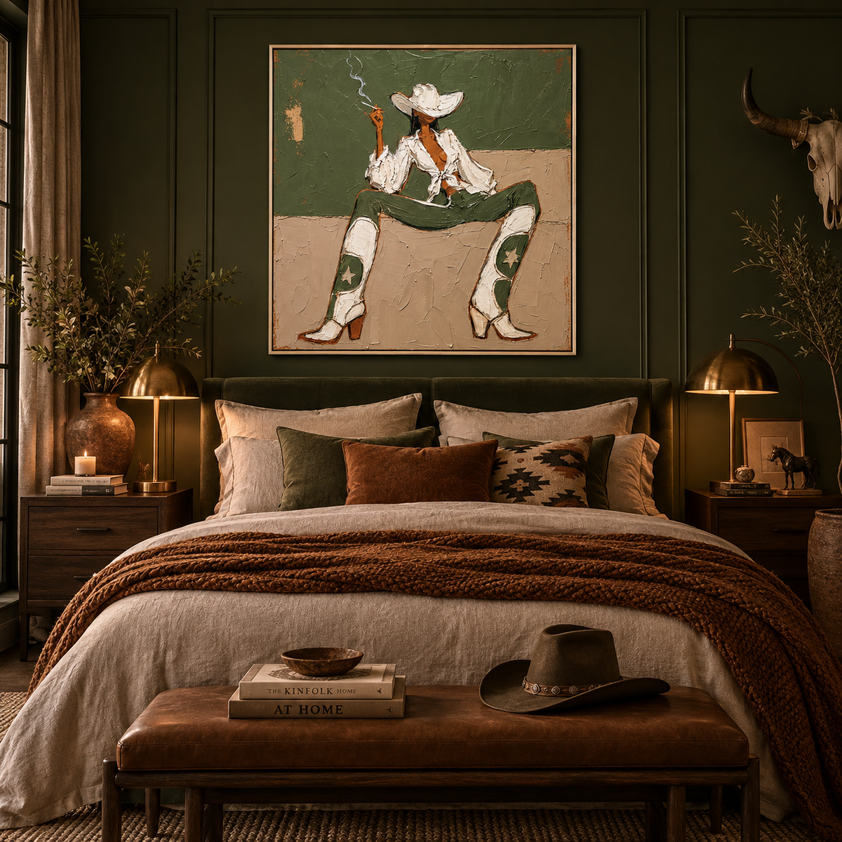 "Desert Rebel" – Sage Green & Beige Textured Cowgirl Impasto Oil Painting