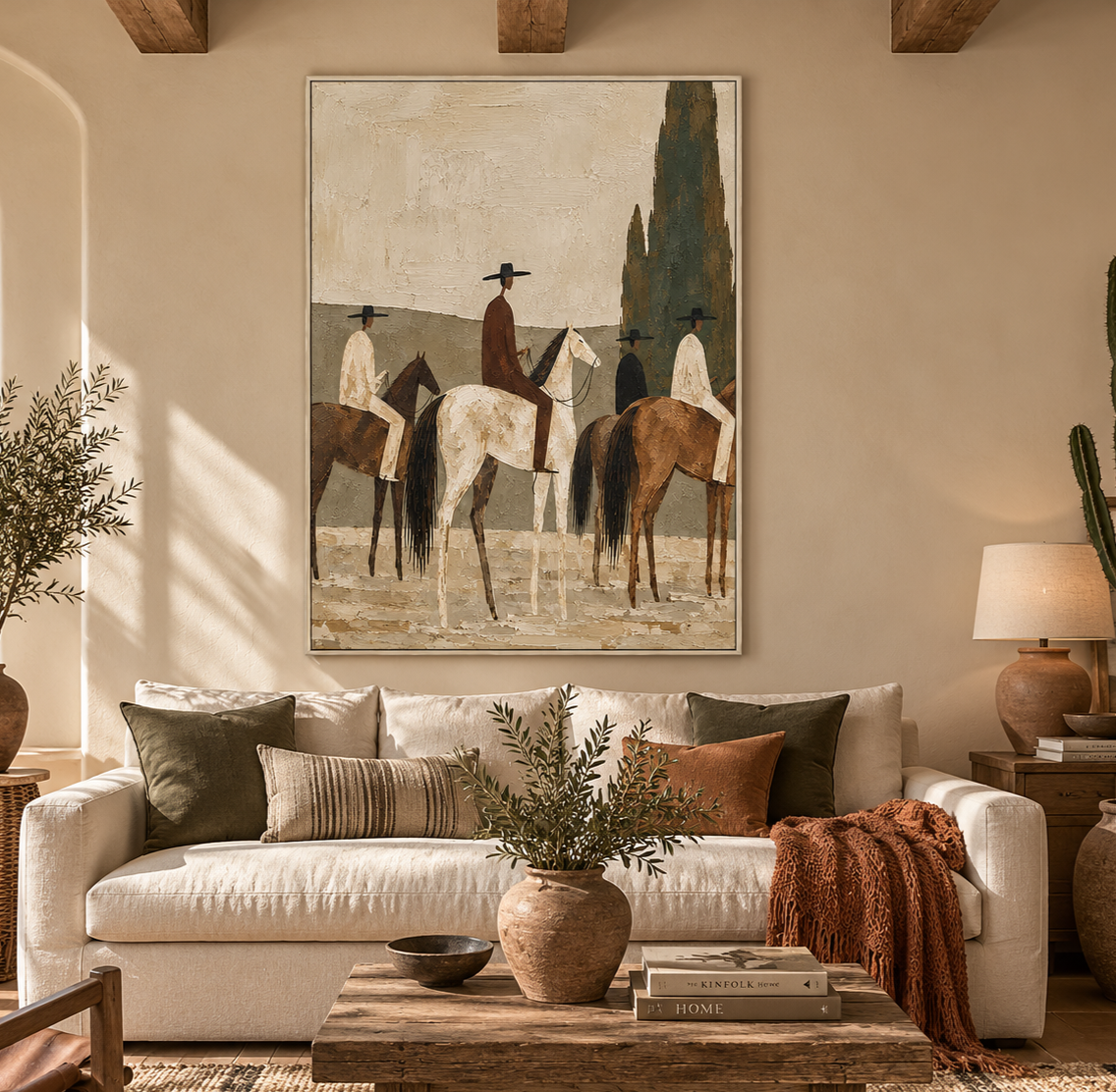 "Silent Pilgrimage" – Earth Tone Minimalist Horsemen Impasto Oil Painting
