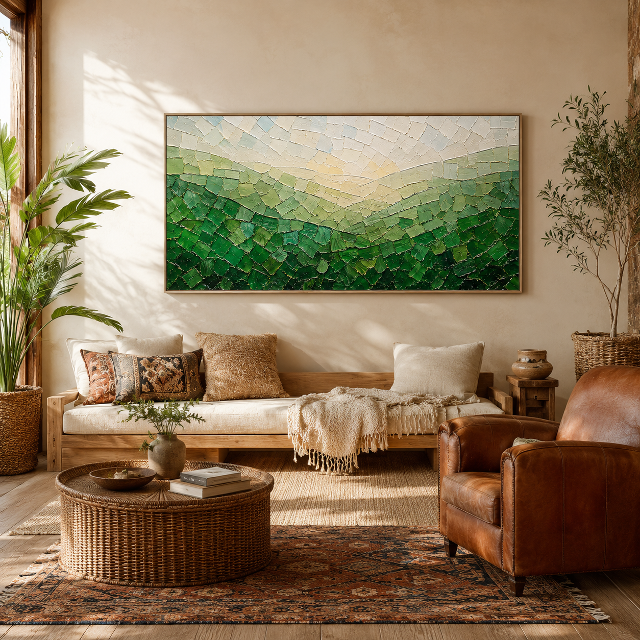 “Valley of Morning Light” – Green Mosaic Landscape Impasto Oil Painting