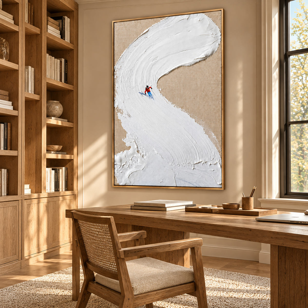 “The Snow Track” - Minimalist Textured Skiing Impasto Oil Painting
