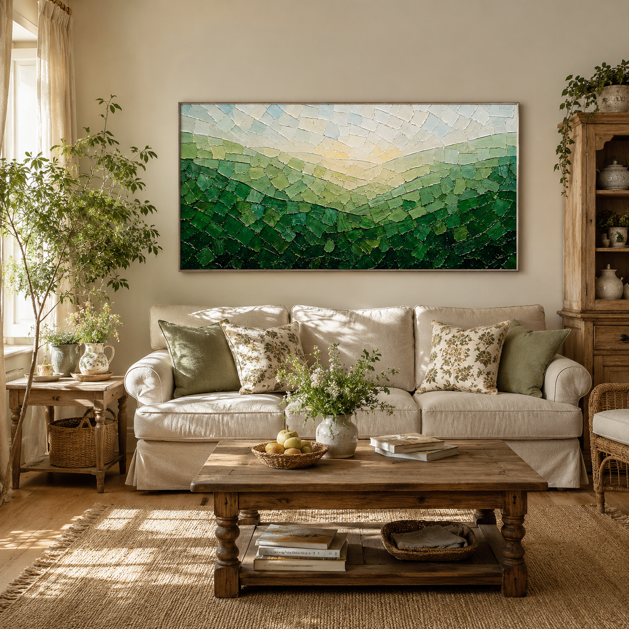 “Valley of Morning Light” – Green Mosaic Landscape Impasto Oil Painting