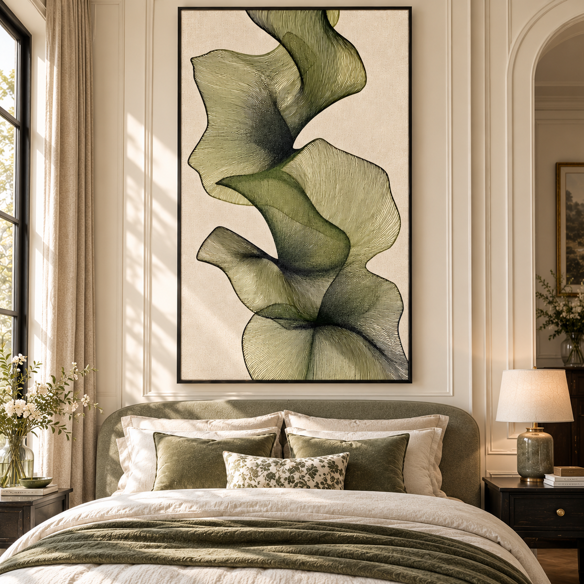 "Verdant Flow" – Japandi Style Minimalist Olive Green Line Art Canvas Painting