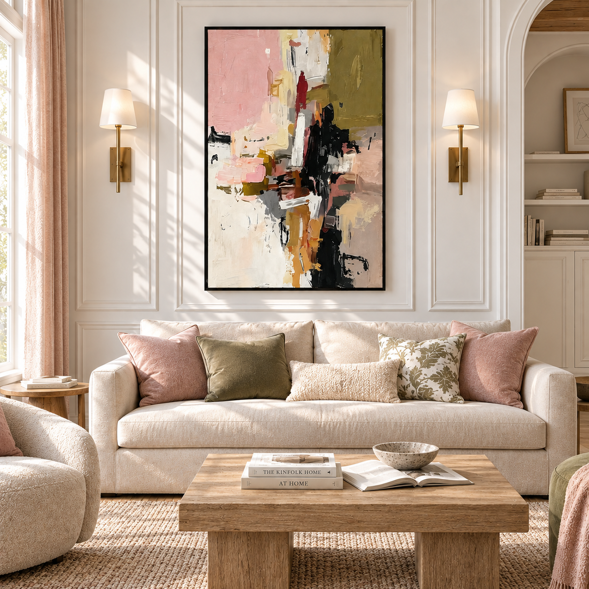 "Silent Momentum" – Modern Abstract Expressionist Pink & Olive Acrylic Painting