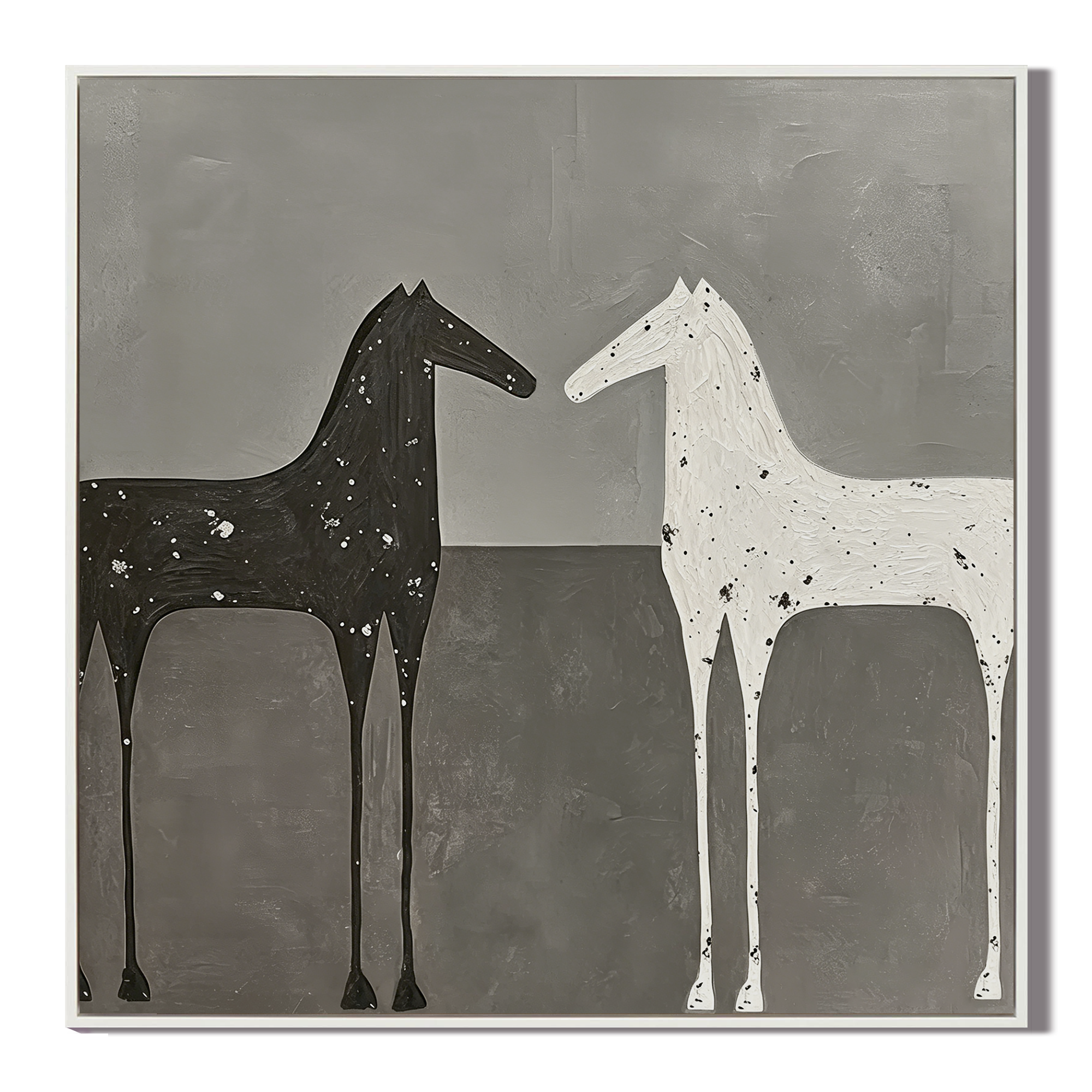 “Silent Encounter” – Minimalist Black and White Horse Oil Painting