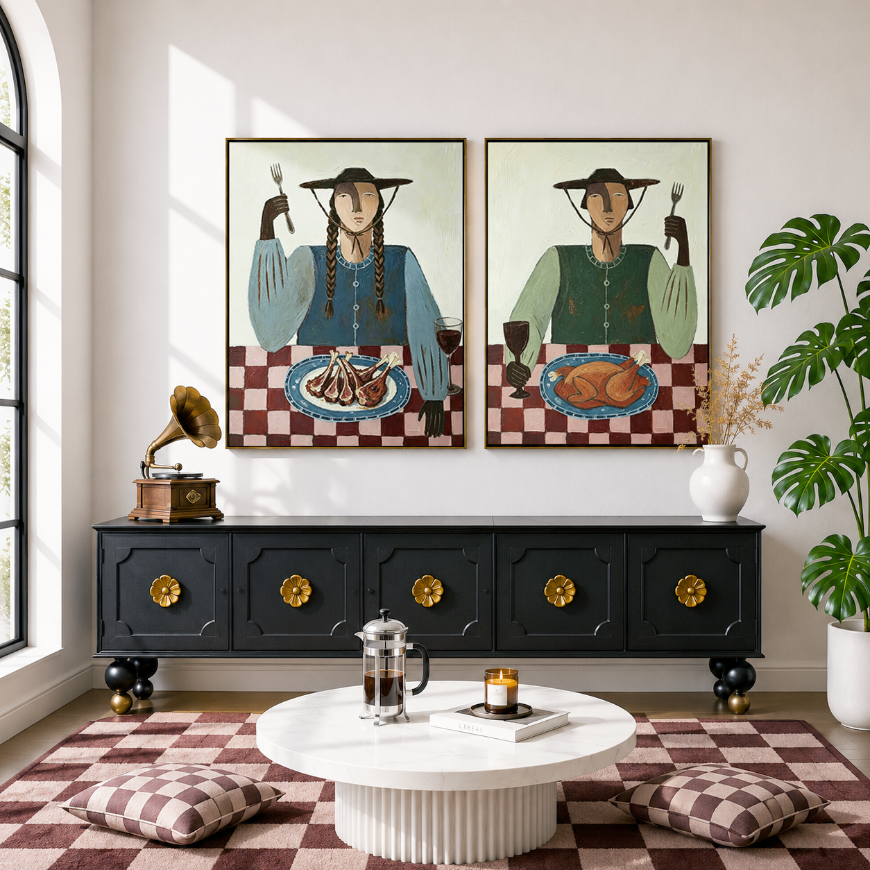 “The Rustic Feast” – Folk Art Dining Portrait Oil Painting Set