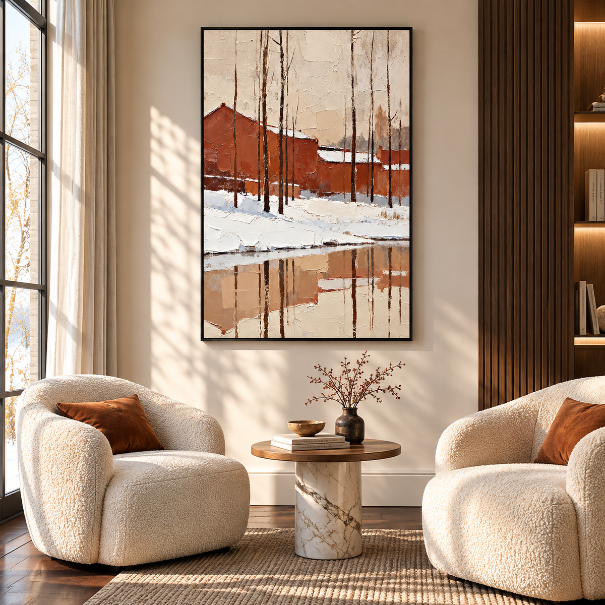 "Red Pottery Glacier" – Rustic Terracotta Village Winter Textured Palette Knife Painting