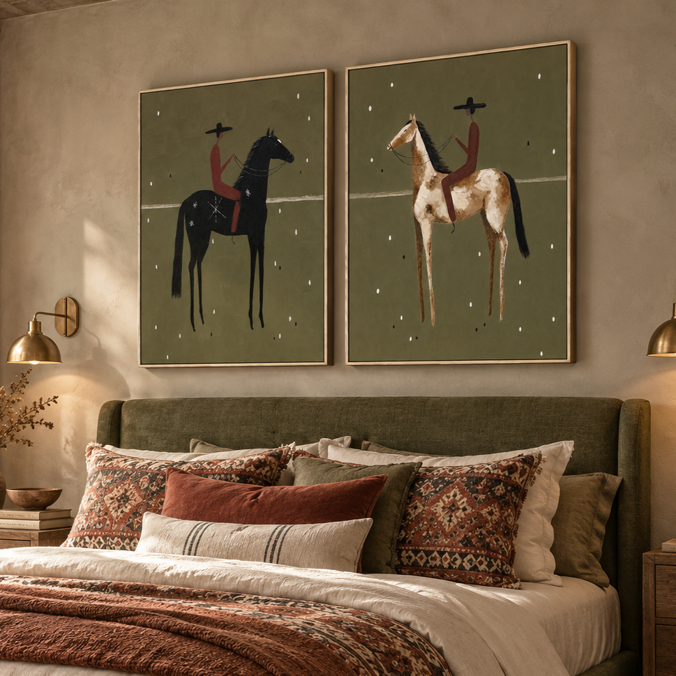 "Twilight Riders of the Frontier" – Western Desert Diptych Oil Painting Set