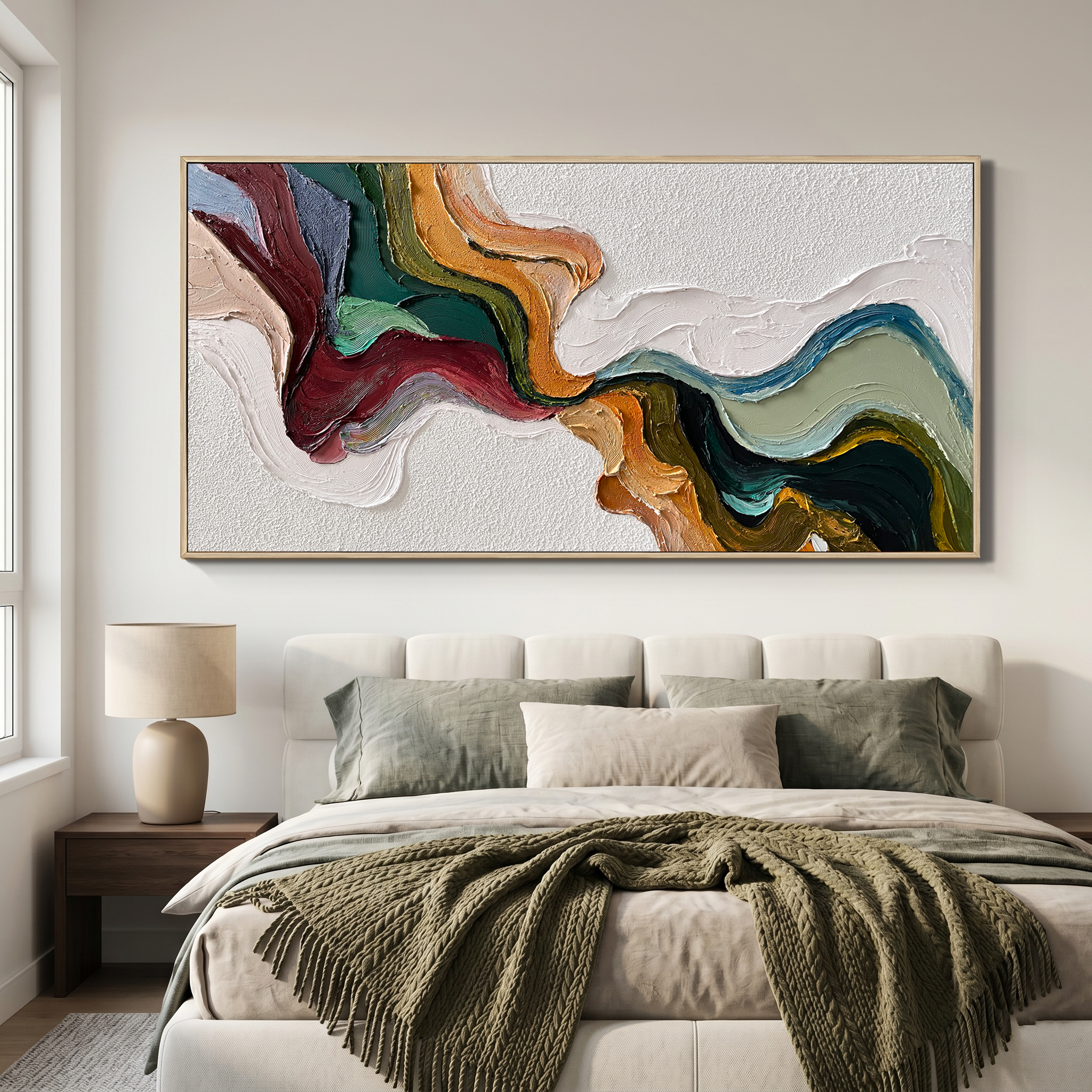 “Earthen Current” – Textured Abstract Impasto Painting in Olive Green and Ochre