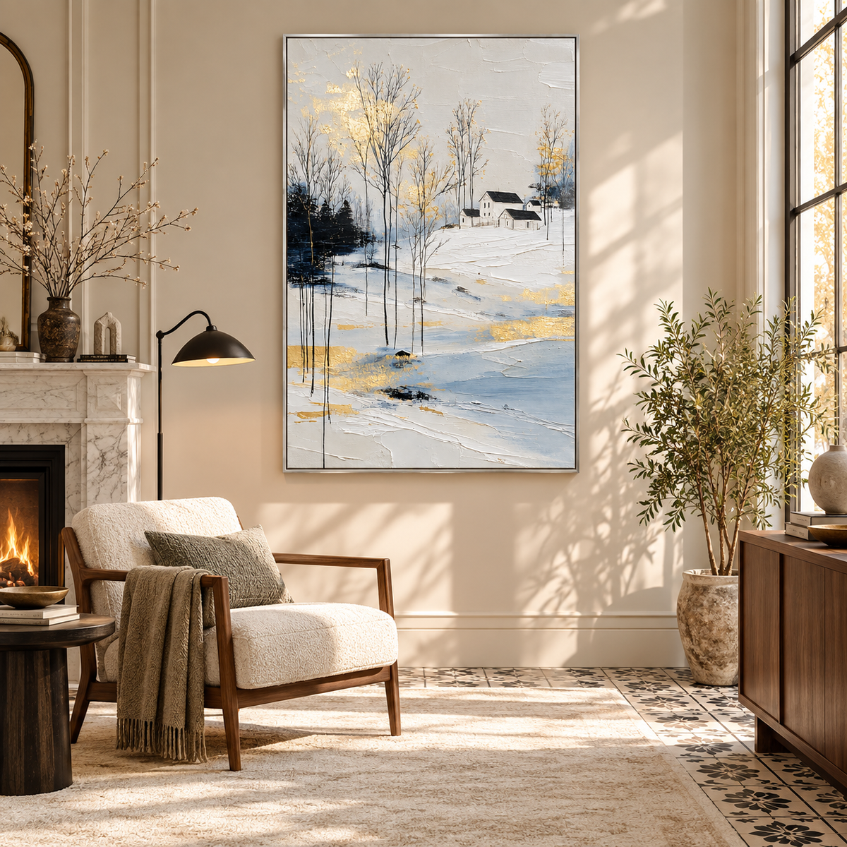 "Silent Snow" – Modern Gold Leaf Winter Village Textured Acrylic Painting