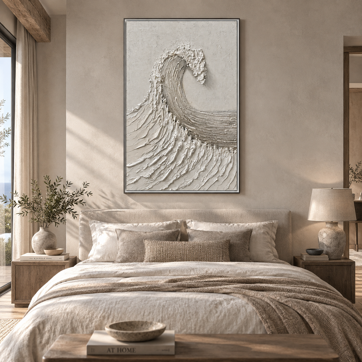 "White Tide Stillness" – Wabi Sabi Wave Textured Oil Painting