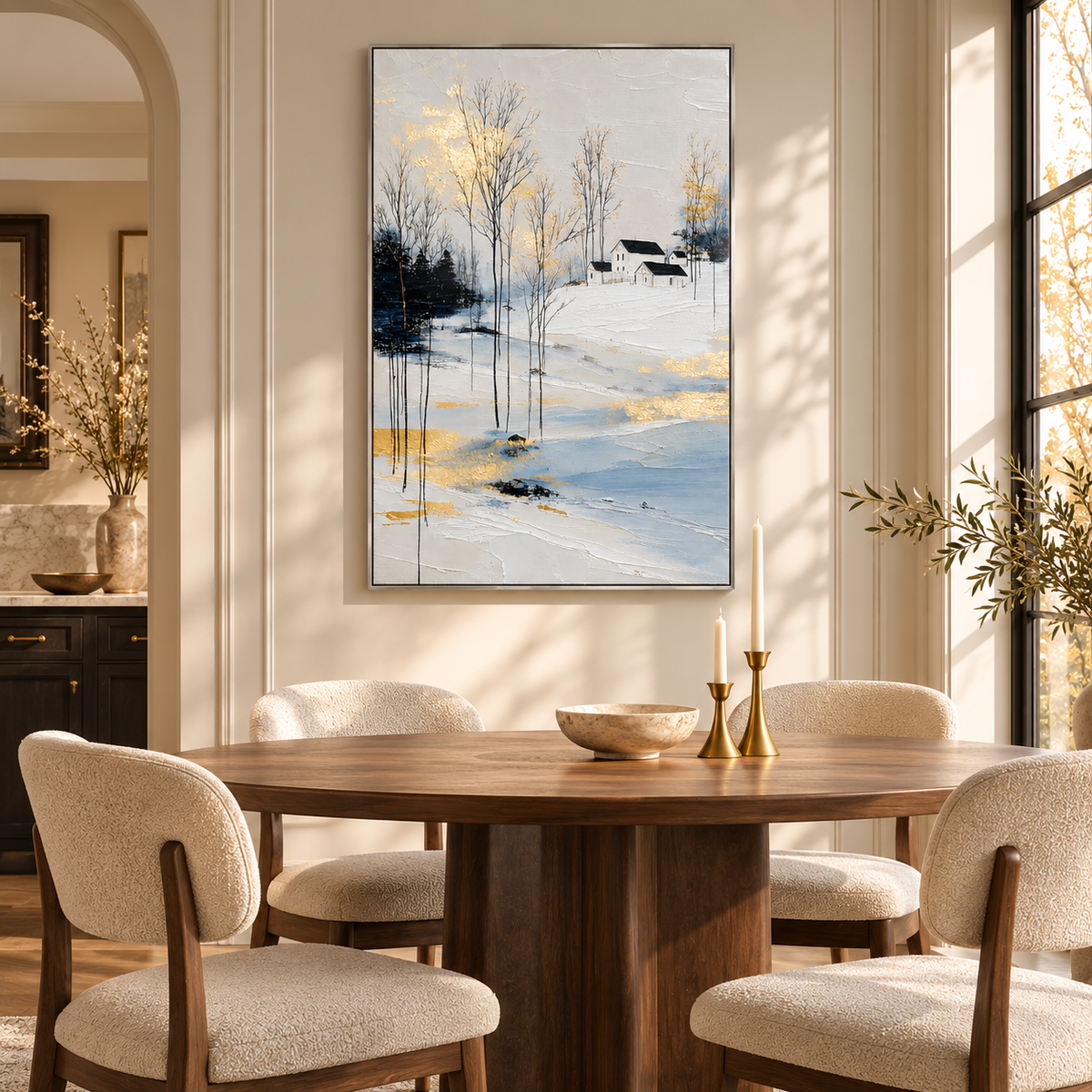 "Silent Snow" – Modern Gold Leaf Winter Village Textured Acrylic Painting