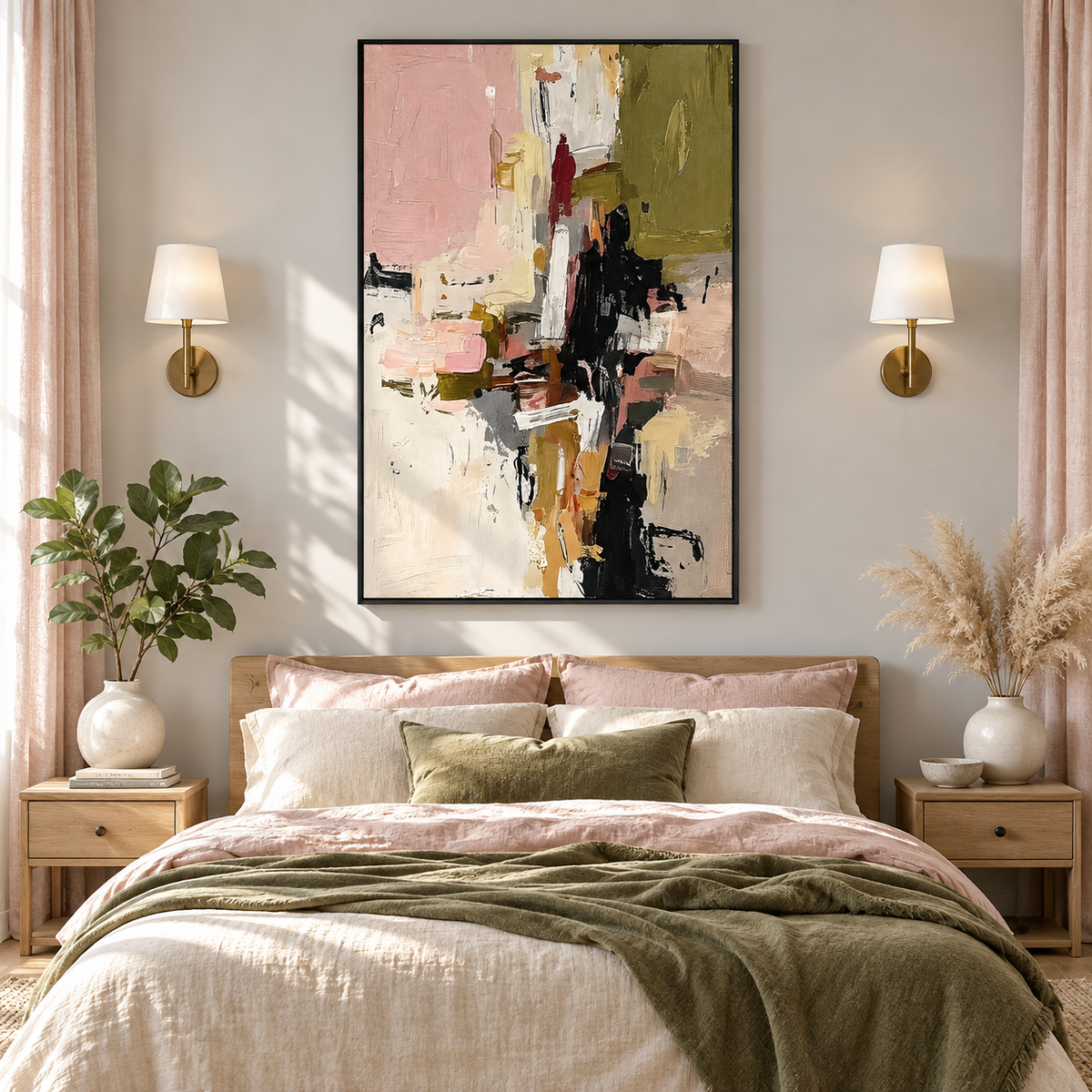 "Silent Momentum" – Modern Abstract Expressionist Pink & Olive Acrylic Painting