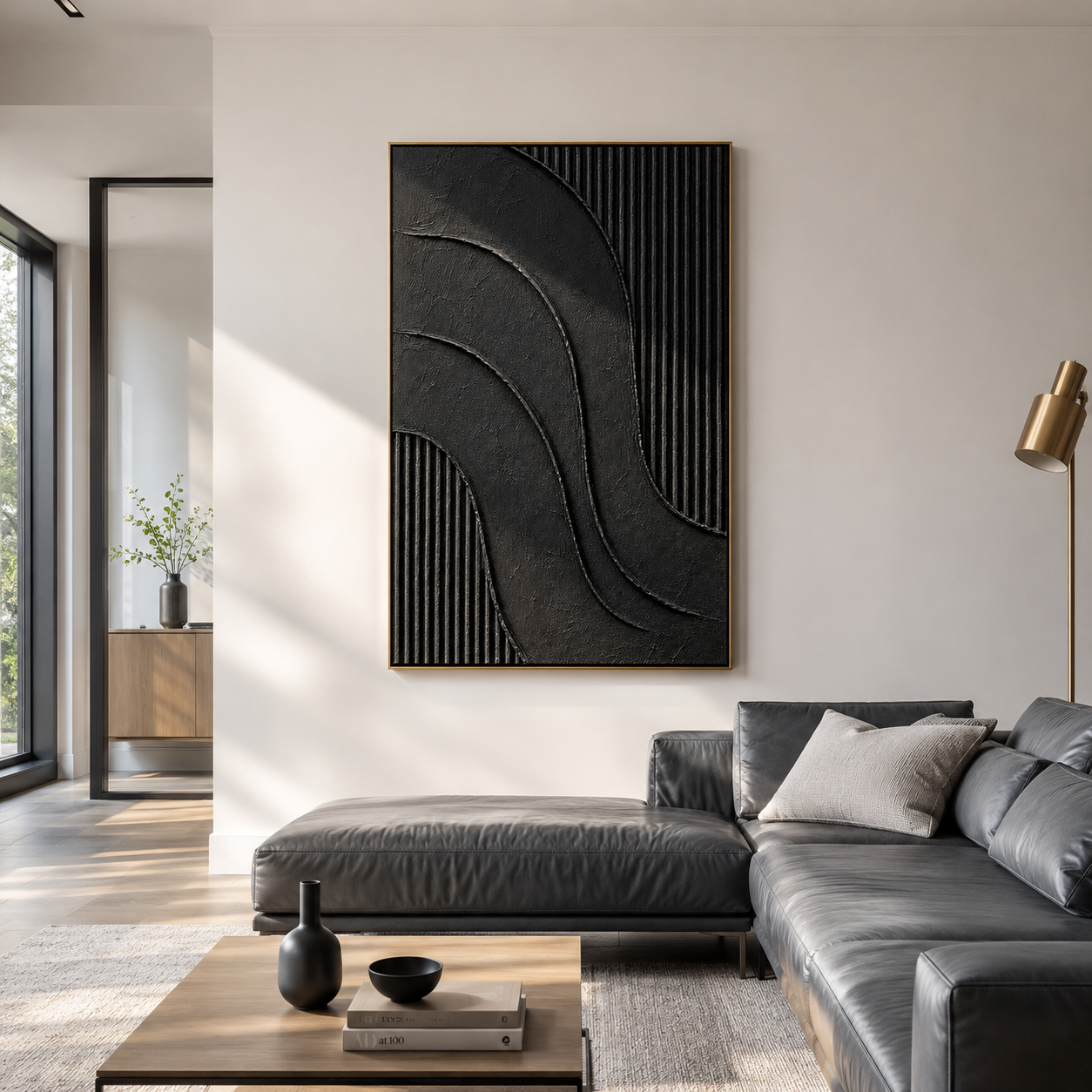 "Noir Current" – Black Wabi Sabi Abstract Textured Wall Art