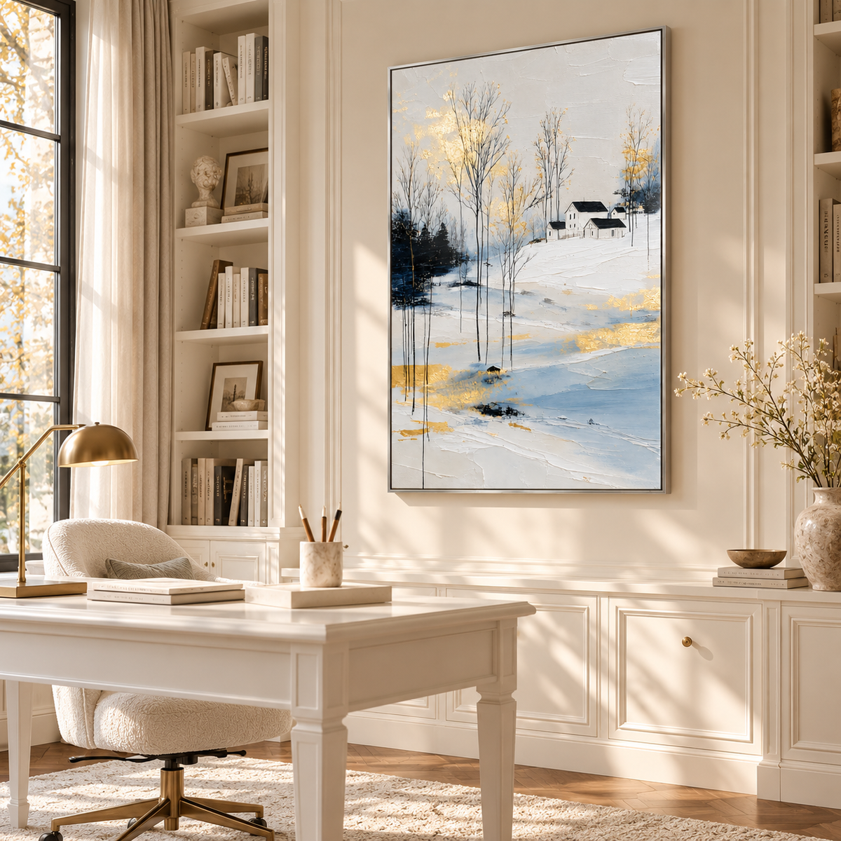 "Silent Snow" – Modern Gold Leaf Winter Village Textured Acrylic Painting