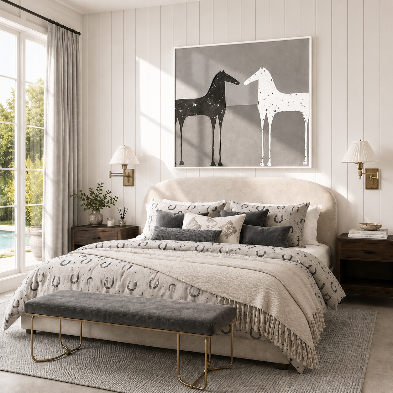 “Silent Encounter” – Minimalist Black and White Horse Oil Painting
