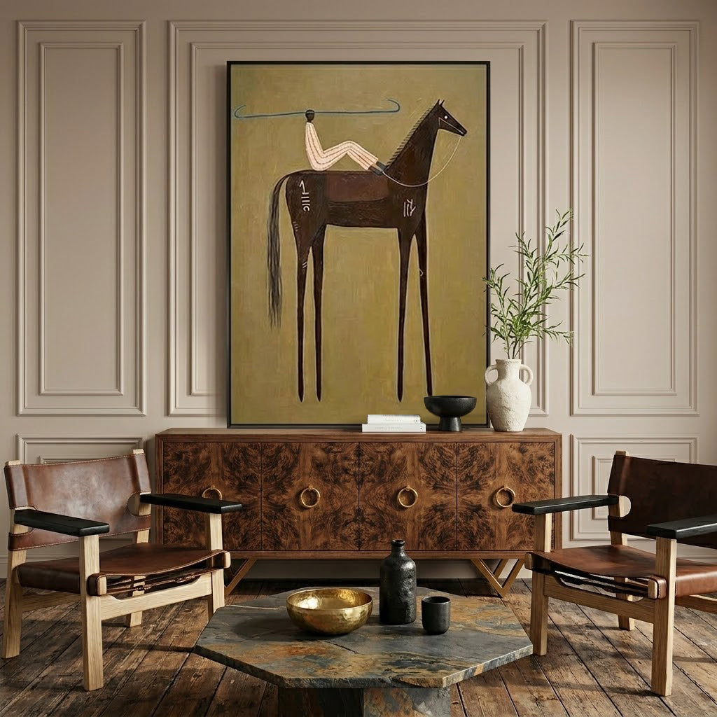 “Nomad’s Blue Line” – Minimalist Western Brown Horse Folk Art Oil Painting