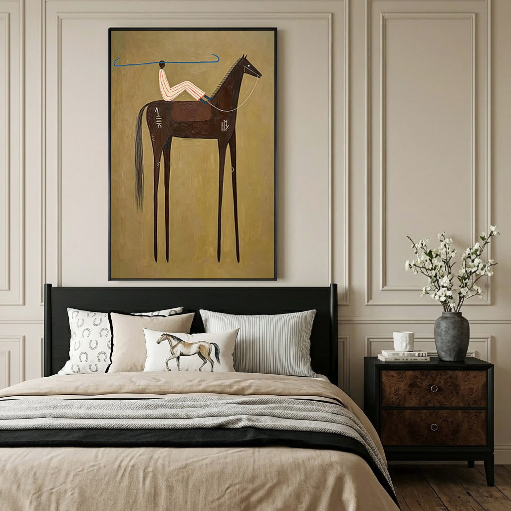 “Nomad’s Blue Line” – Minimalist Western Brown Horse Folk Art Oil Painting