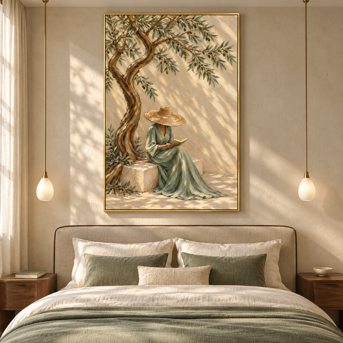 Serenade in Olive Shade" – Mediterranean Wabi-Sabi Sage Green Lady Reading Textured Acrylic Painting