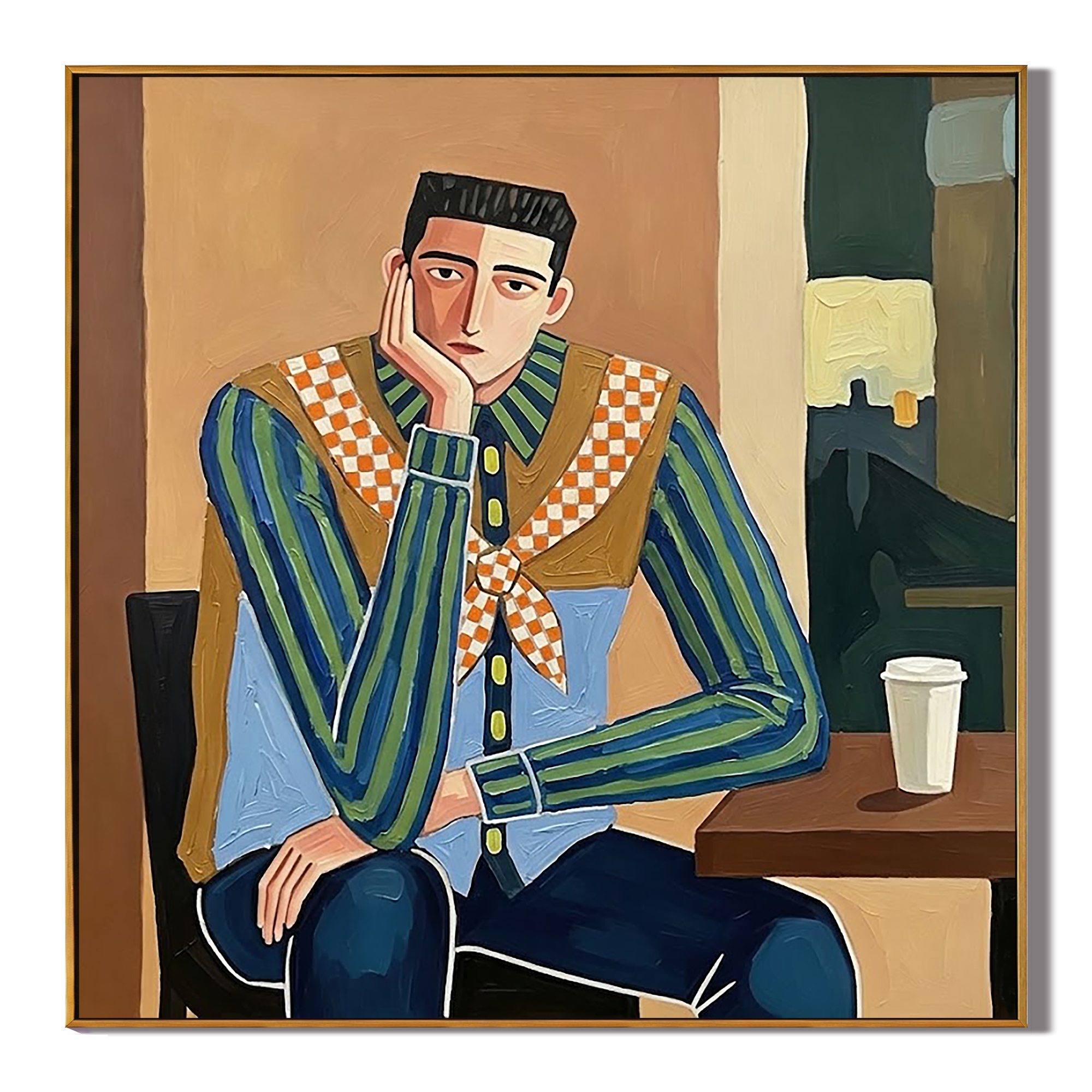 "Café Drifter" – Modern Western Man Oil Painting in Blue and Camel