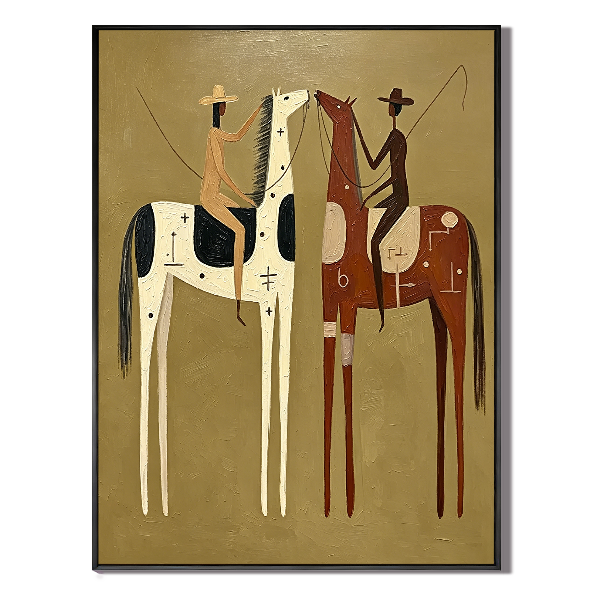 “Desert Companions” – Vintage Western Cowboy Folk Art Oil Painting