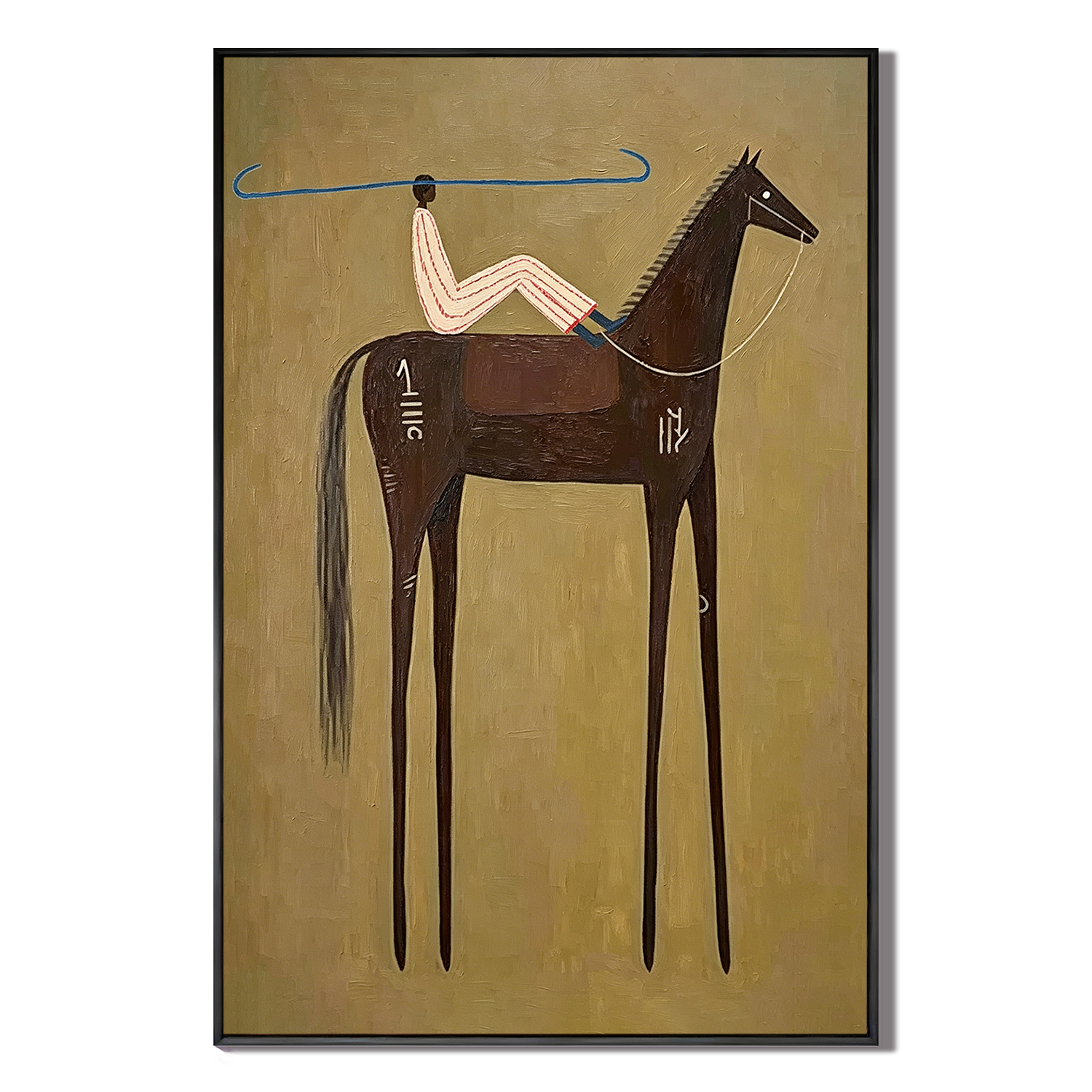 “Nomad’s Blue Line” – Minimalist Western Brown Horse Folk Art Oil Painting