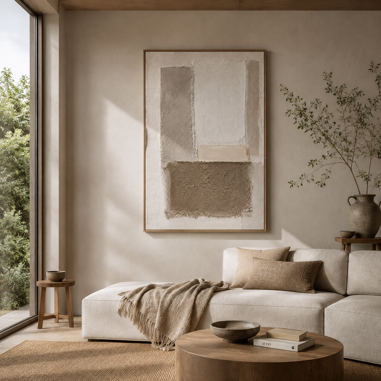 "Tranquil Foundations" – Wabi-Sabi Earth Tone Geometric Relief Painting