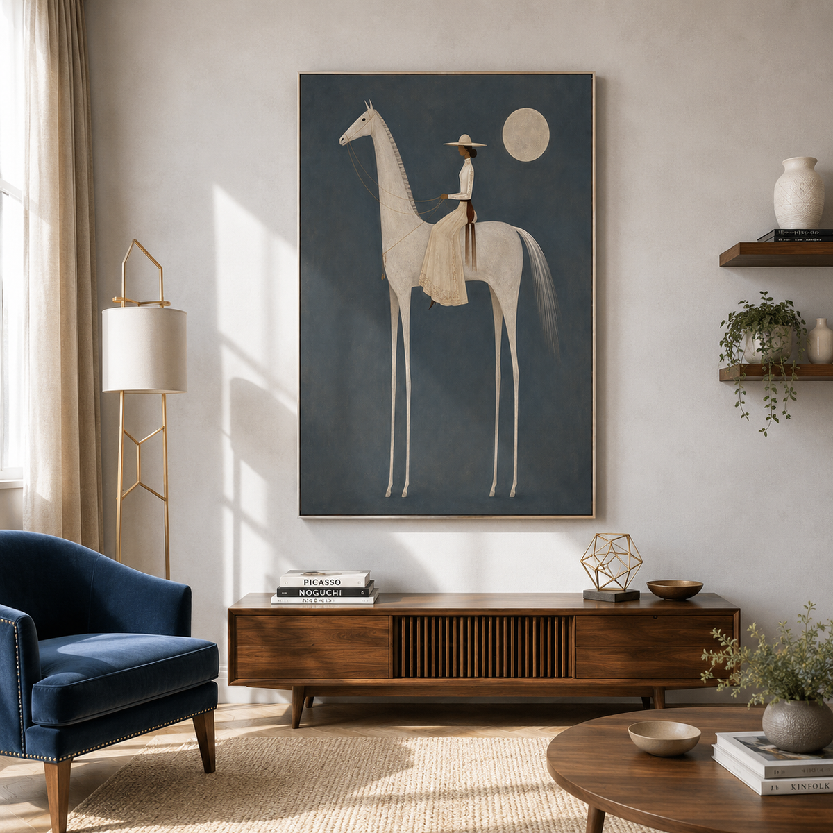 "Moonlit Nomad" – Minimalist Surrealist Equestrian Acrylic Painting