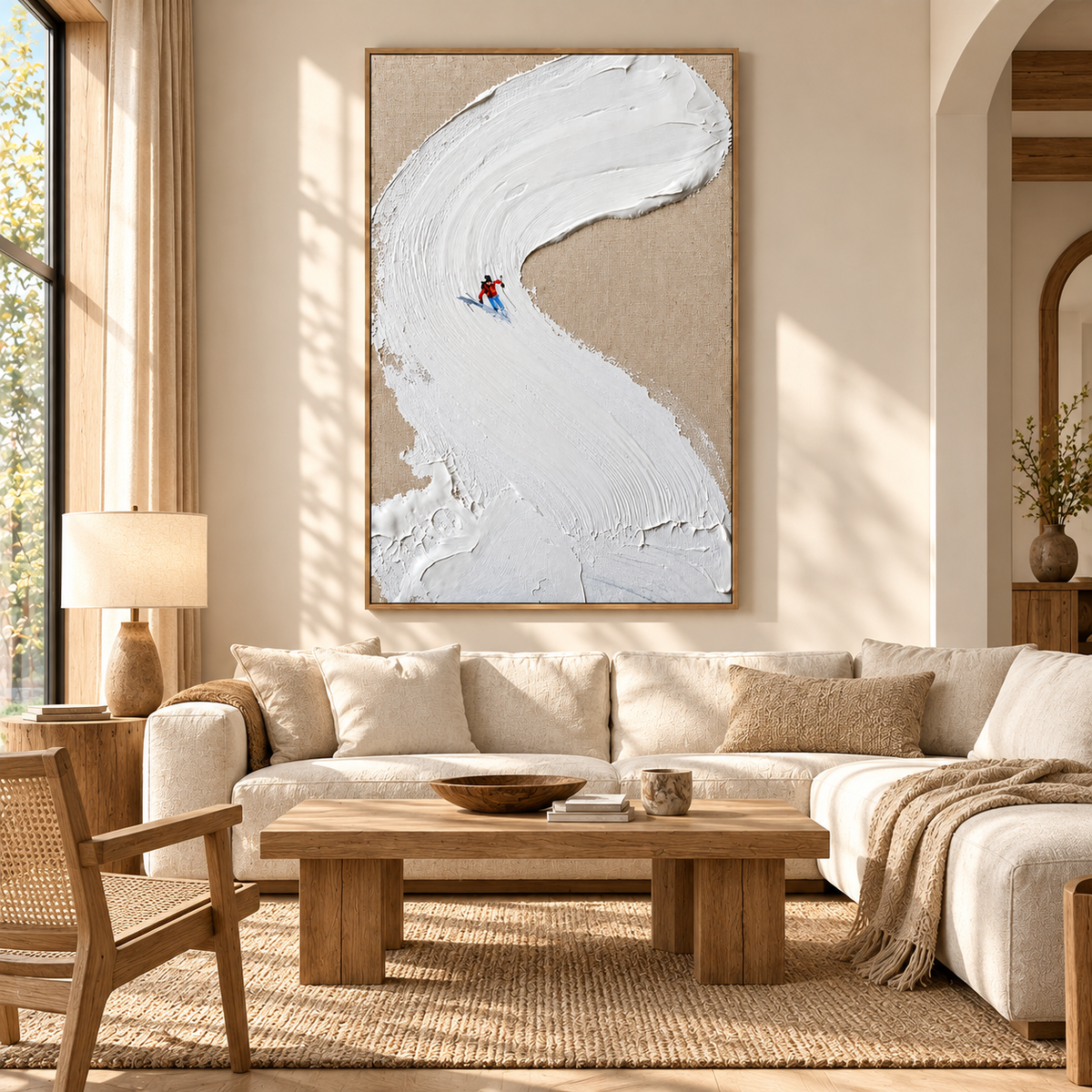 “The Snow Track” - Minimalist Textured Skiing Impasto Oil Painting
