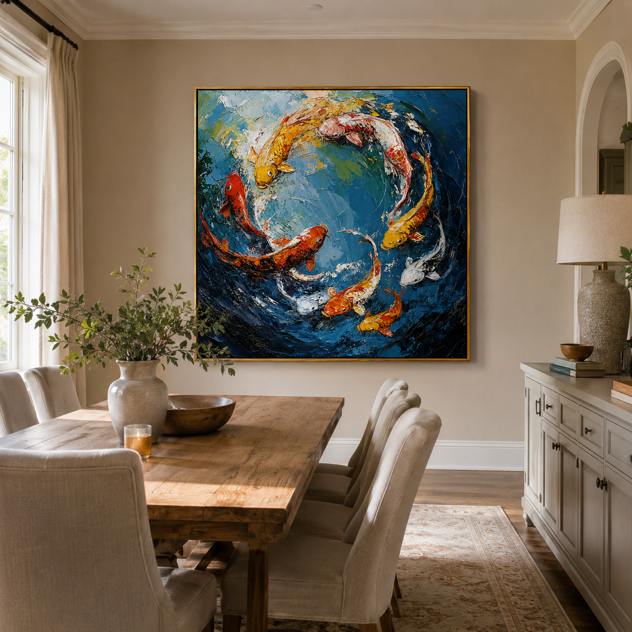 "Prosperity Current" – Colorful Koi Fish Textured Oil Painting