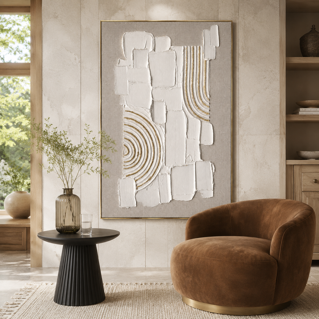 "Gilded Stillness" – Wabi Sabi White Geometric Textured Painting