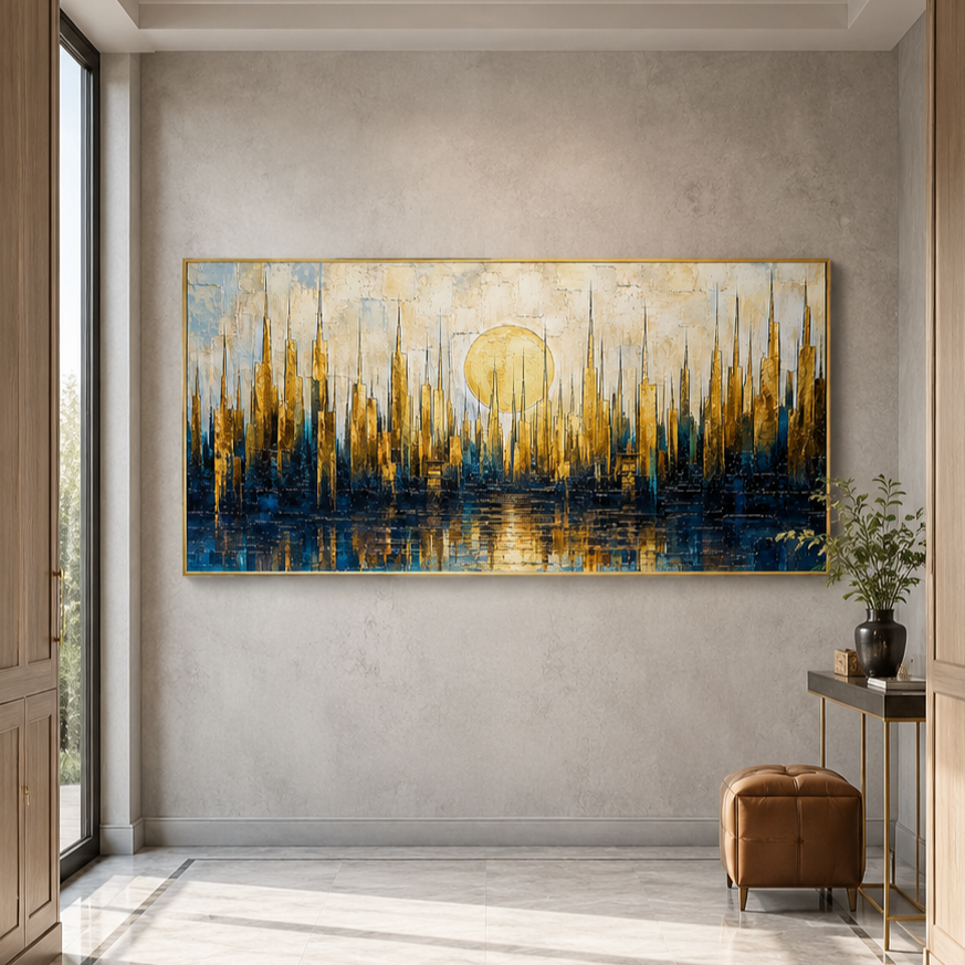 “Golden Metropolis” – Blue Gold Cityscape Impasto Oil Painting