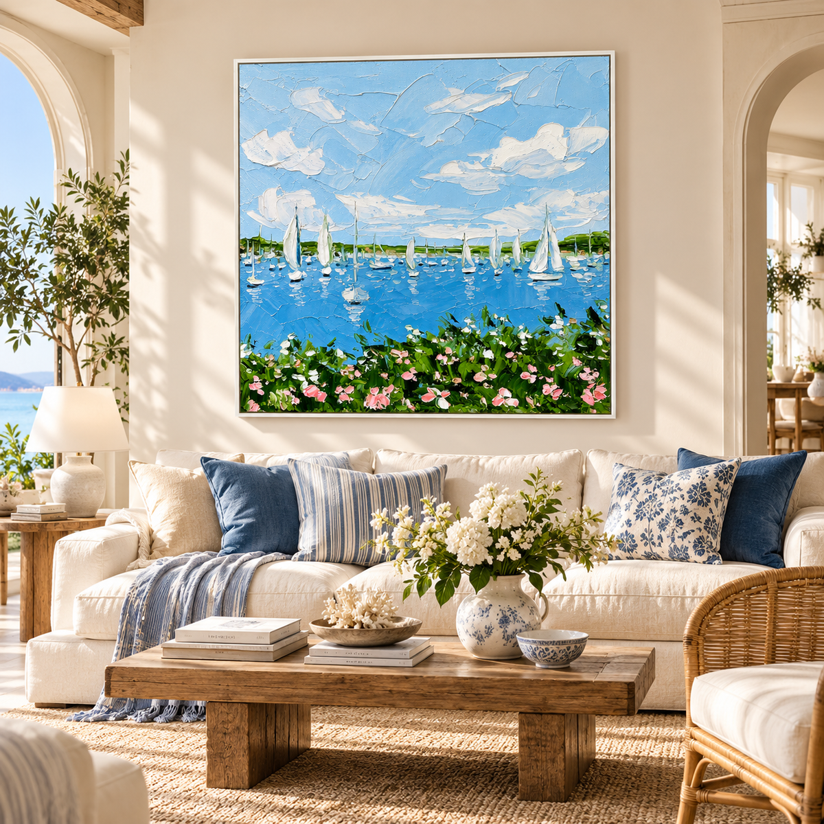 "Azure Harbor Breezes" – Coastal Sailboat Ocean Textured Impasto Oil Painting